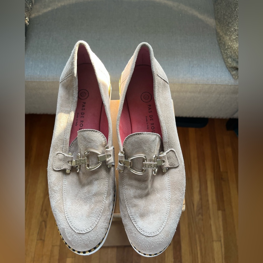 Pas De Rouge Suede Loafers w/Gold buckle and accents. Made in Italy Size 40/9.5